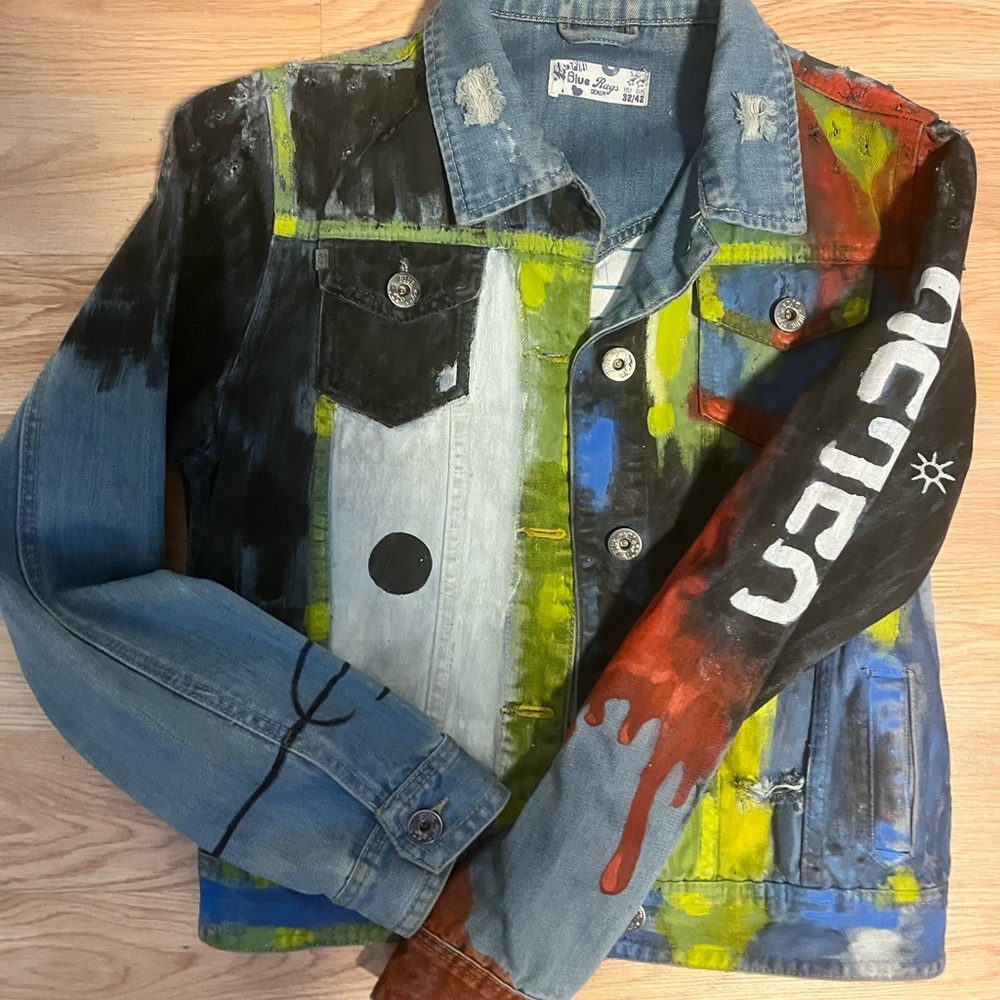 Bohemian Hand-Painted Denim Jacket Women’s Small with Bold Multicolor Paint - Picture 2 of 9